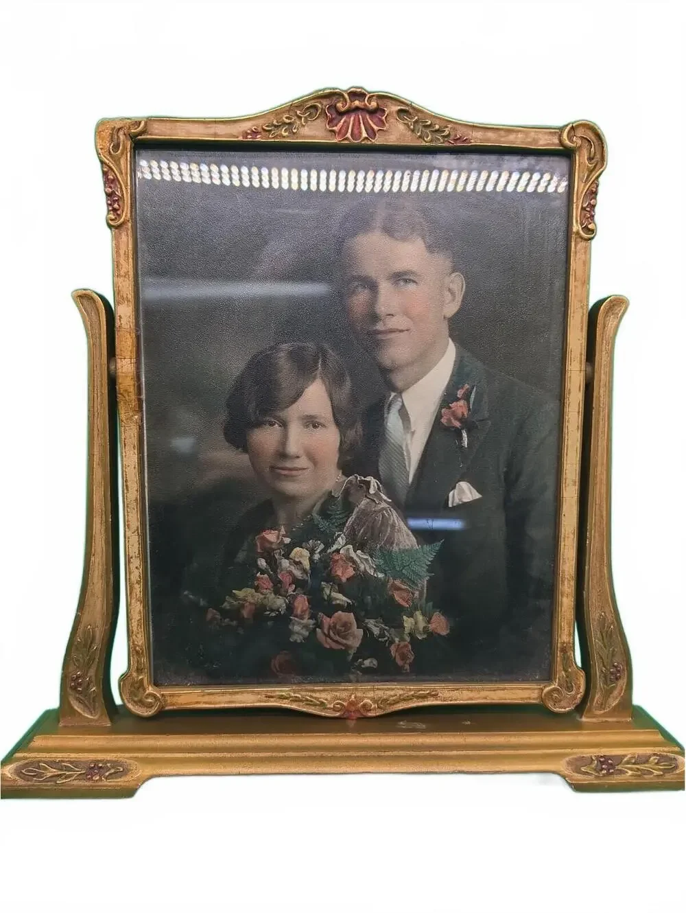 Antique 1930s Art Deco Victorian Style Ornate Wood Picture Frame Hand Colored